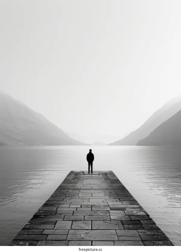 Lonely Man Standing on a Pier Overlooking a Lake