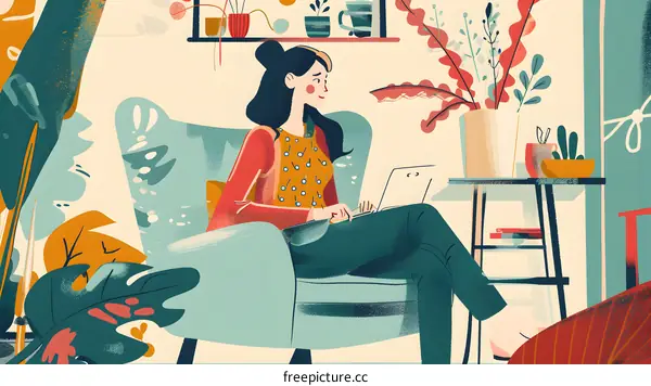 Woman Working from Home with Laptop and Plants