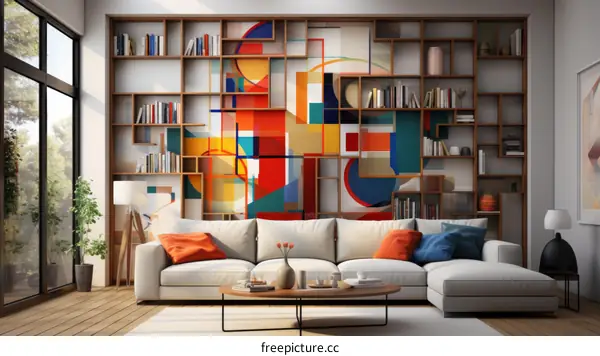 Bright and Colorful Living Room with Large Bookshelf and White Sofa