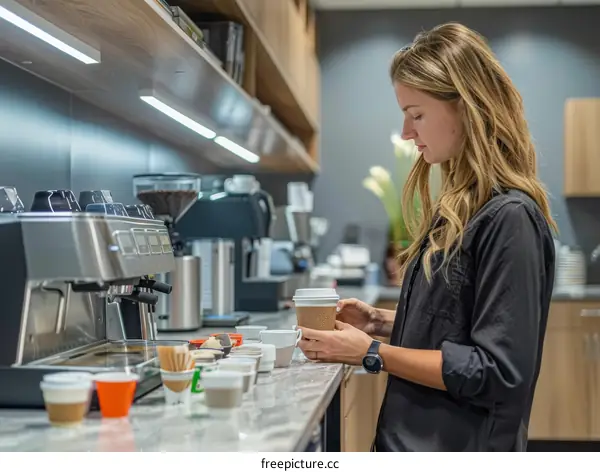 Blond woman making coffee with an espresso machine