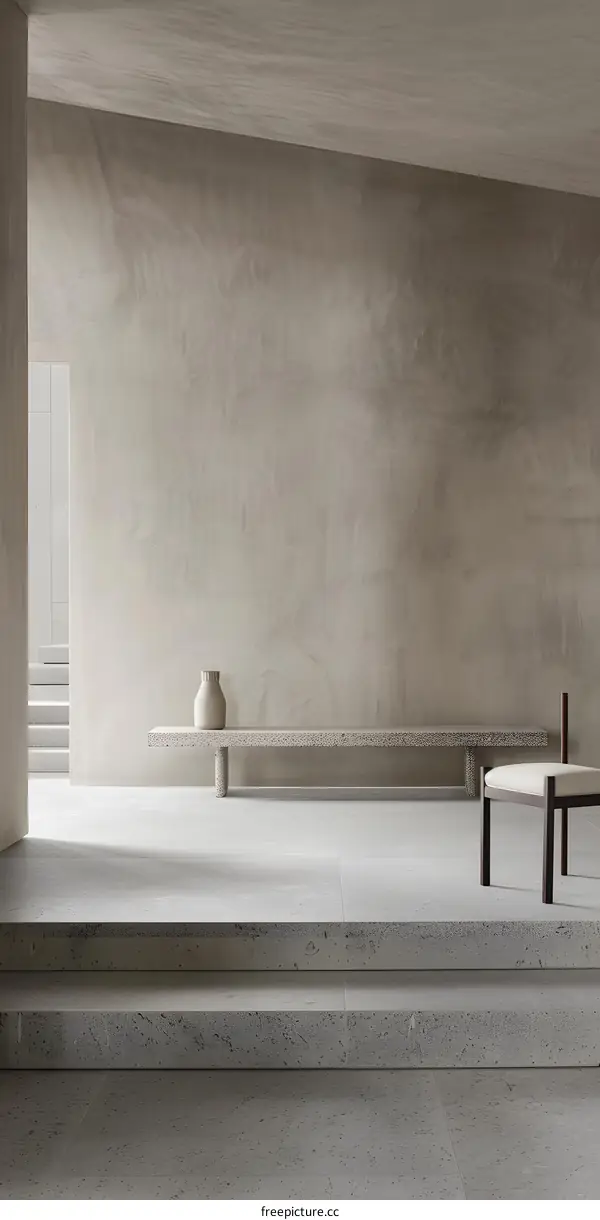 Minimalist Concrete Interior Design with Concrete Bench and Stool