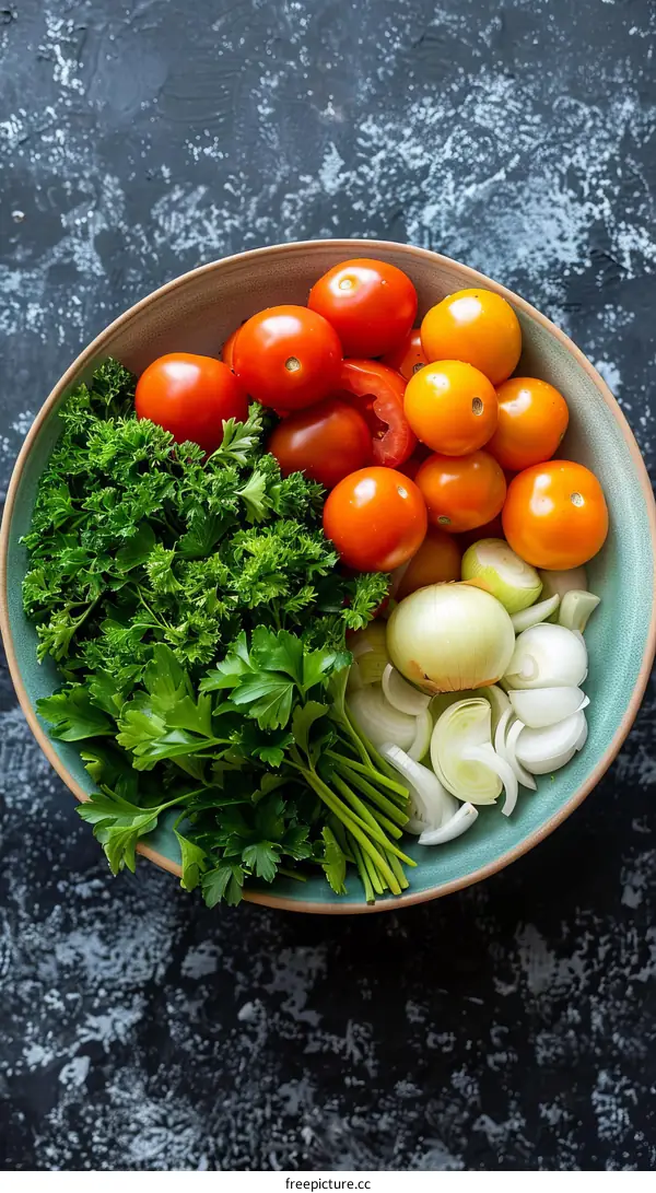 Ingredients for a healthy salad with tomatoes, parsley and onion