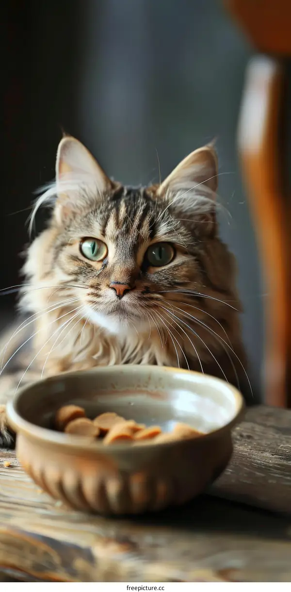 A cute cat is sitting in front of a bowl of food