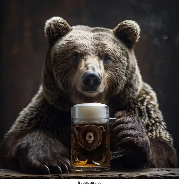 A large brown bear sits at a wooden table with a mug of beer