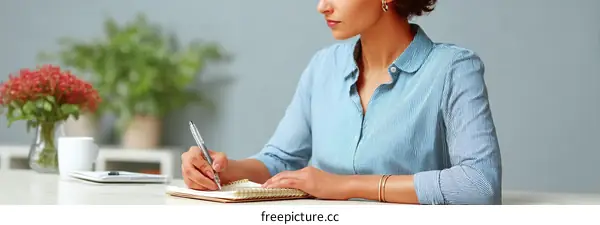 Woman Taking Notes at a Desk