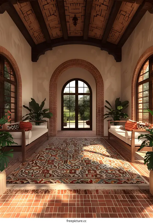 Sunroom with brick floor and arched windows