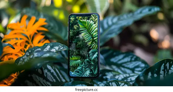 Smartphone with Tropical Leaf Wallpaper on Green Plants Background