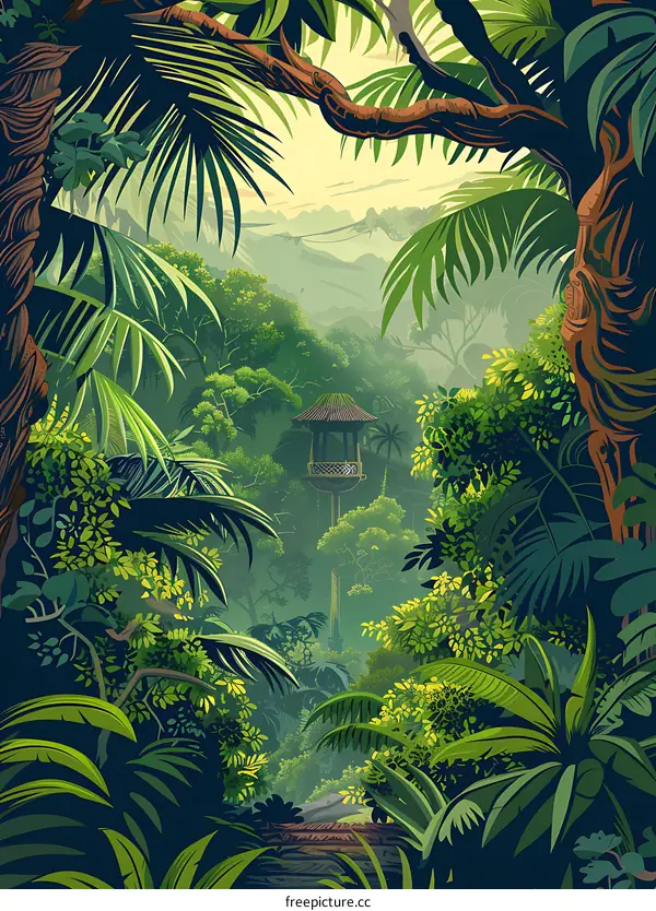 Jungle Landscape With Towering Tree And Small Hut