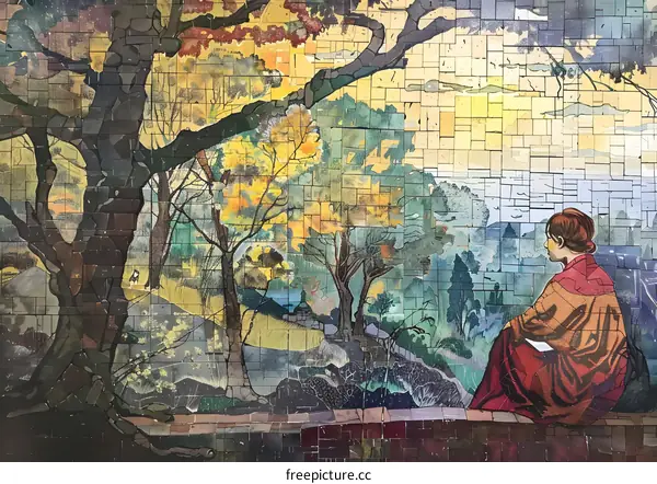 Mosaic Wall Art of a Woman Sitting by a Landscape