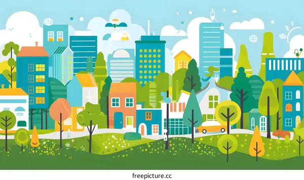 Green City Illustration With Buildings and Trees
