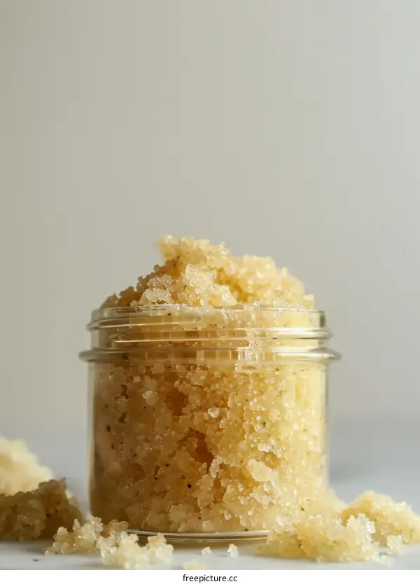 Close up of homemade sugar scrub in glass jar with white background