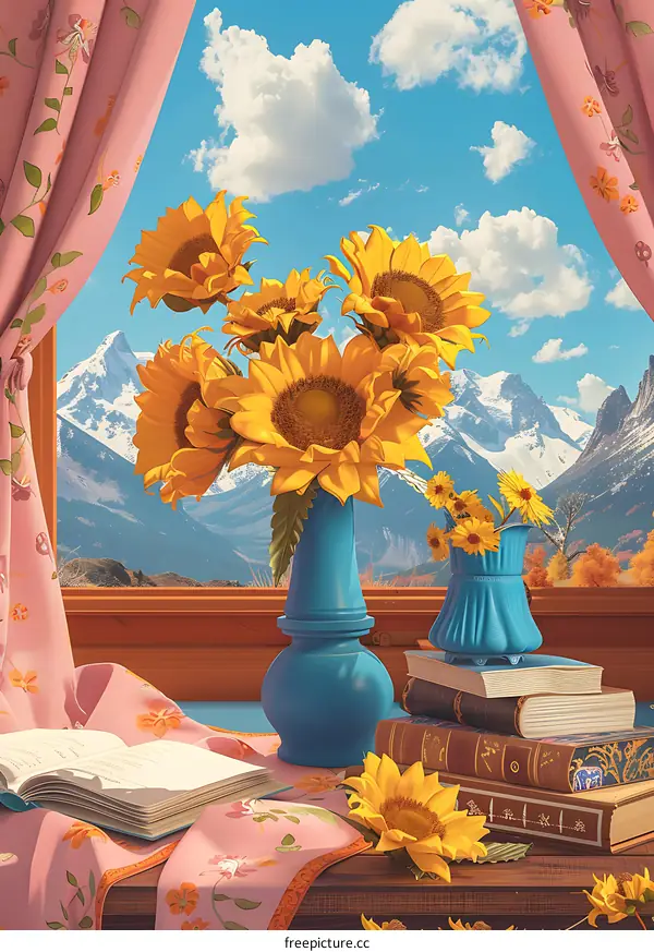 Sunflowers in a Blue Vase With a View of Mountains