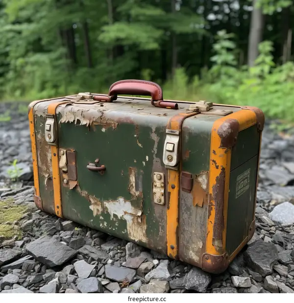Vintage Green and Yellow Suitcase on Rocky Ground