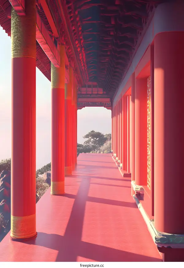 Red Columns and Golden Accents in a Chinese Palace Corridor