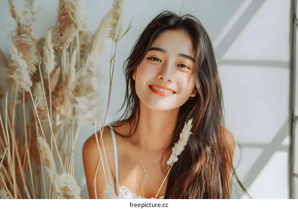 Smiling Woman With Long Hair, Wearing a White Tank Top, Against a Background of White Dried Flowers