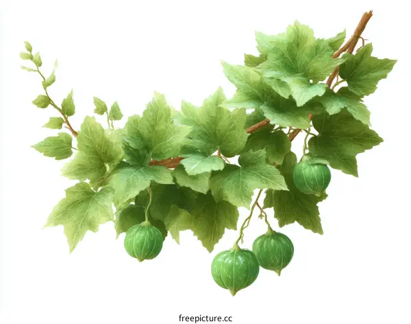 Illustration of a Branch of Gooseberry Bush with Green Berries
