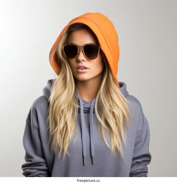 Blonde Woman in Gray Hoodie and Sunglasses