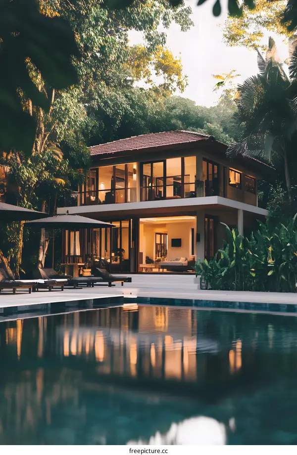 Modern Villa with Swimming Pool and Lush Greenery