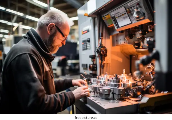 A man in glasses works on a machine in a factory