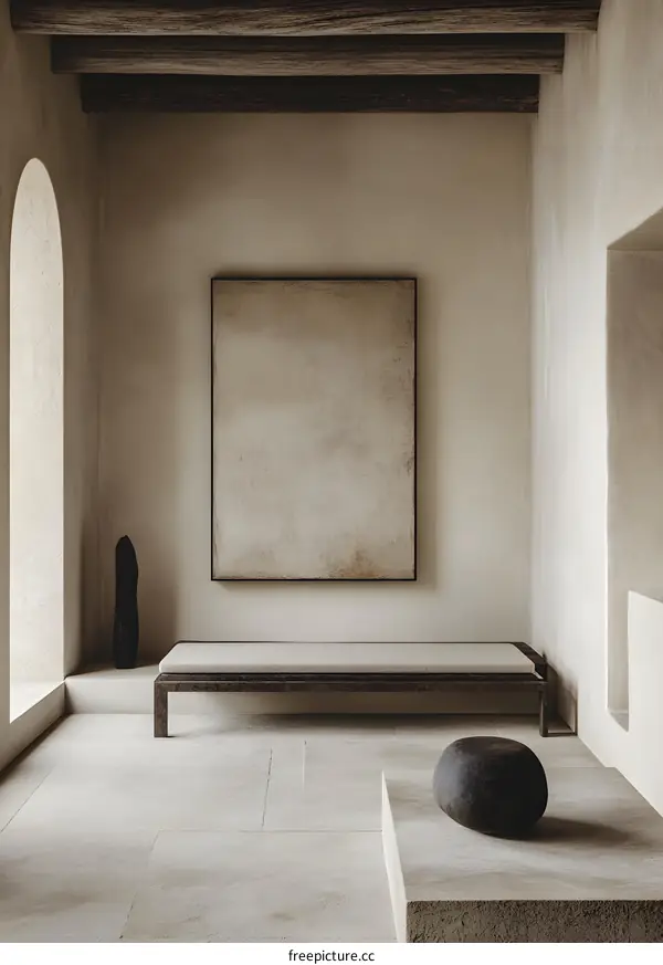 Minimalist Interior Design with Wooden Beams and Stone