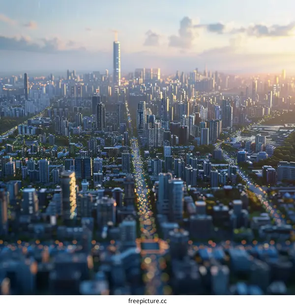 Aerial View of a Futuristic Metropolis at Dusk