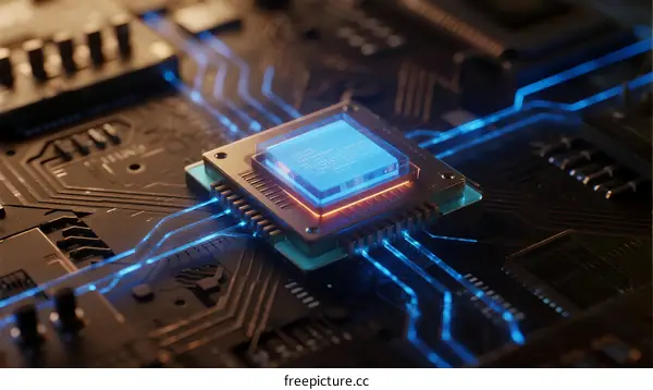 Close-up view of a modern computer circuit board with glowing blue lines and a central microchip