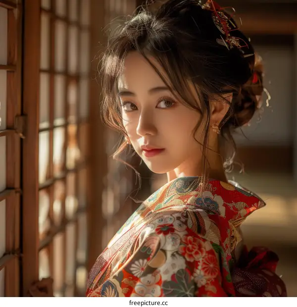 Portrait of a beautiful Asian woman in traditional Japanese kimono