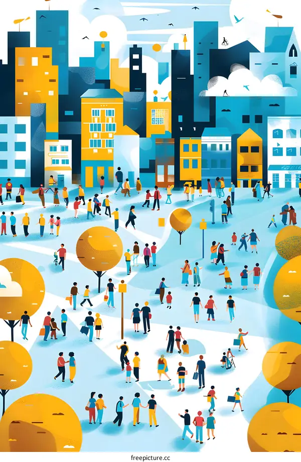 Cityscape Park Illustration with Diverse People Walking