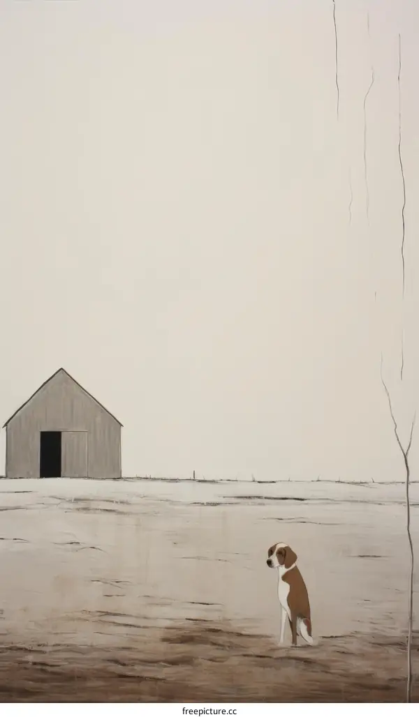dog near barn in winter field