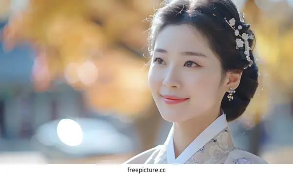 A Beautiful Woman Wearing Traditional Korean Hanbok Smiling in Autumn
