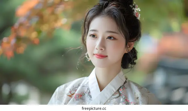 Portrait of a beautiful Asian woman in traditional Korean dress, or Hanbok