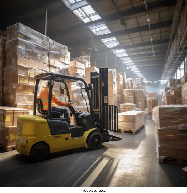 A warehouse worker operates a forklift in a large warehouse full of boxes.