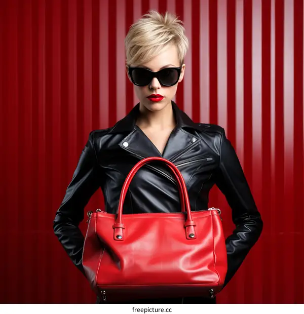 Fashion model with red handbag posing in front of red background
