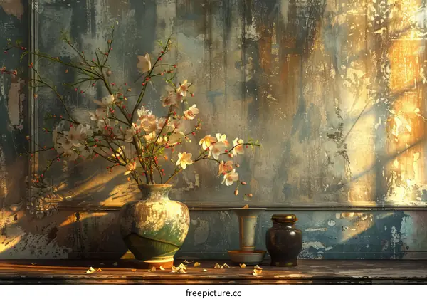 Vintage Still Life with Blossoms and Vase