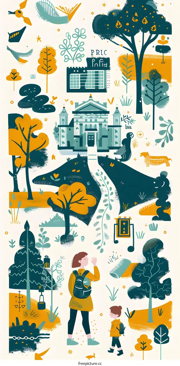 Illustrated Scene of People Walking Through a Park with a Large Building in the Background