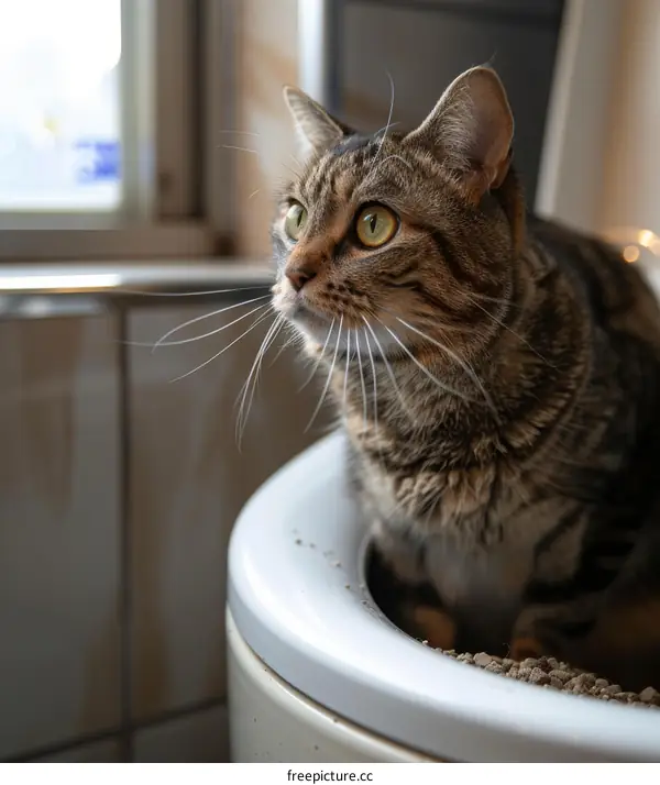 A cat sitting in a toilet looking out the window