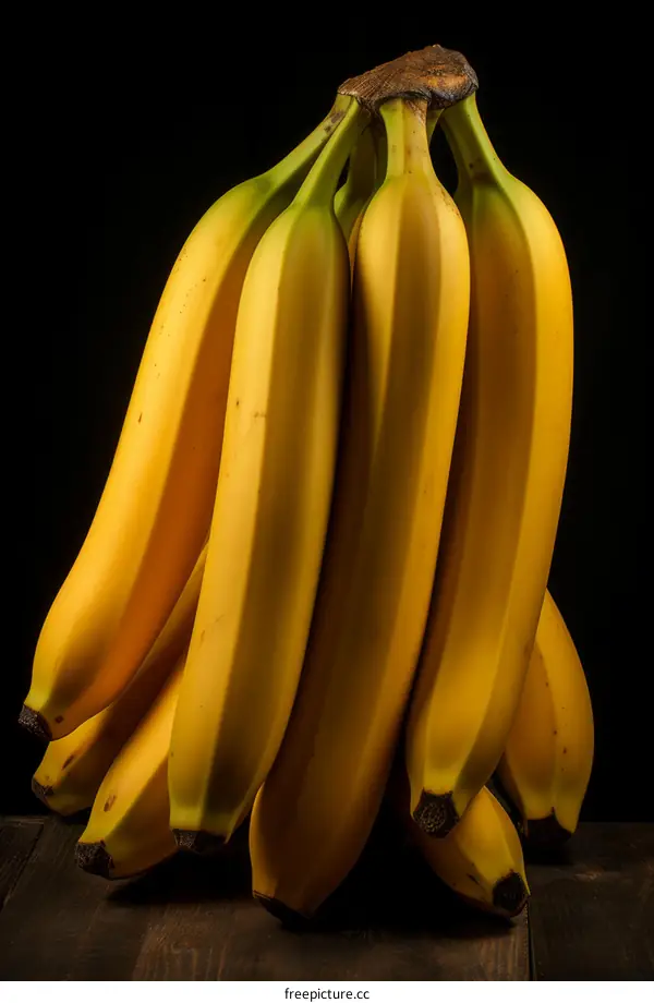 A bunch of yellow bananas on a wooden table against a black background