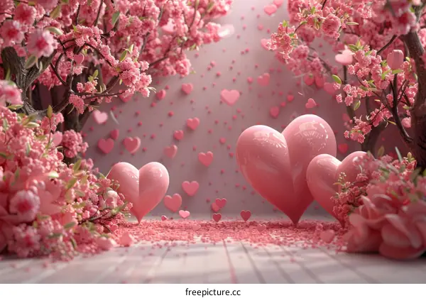 Pink Hearts in a Cherry Blossom Forest