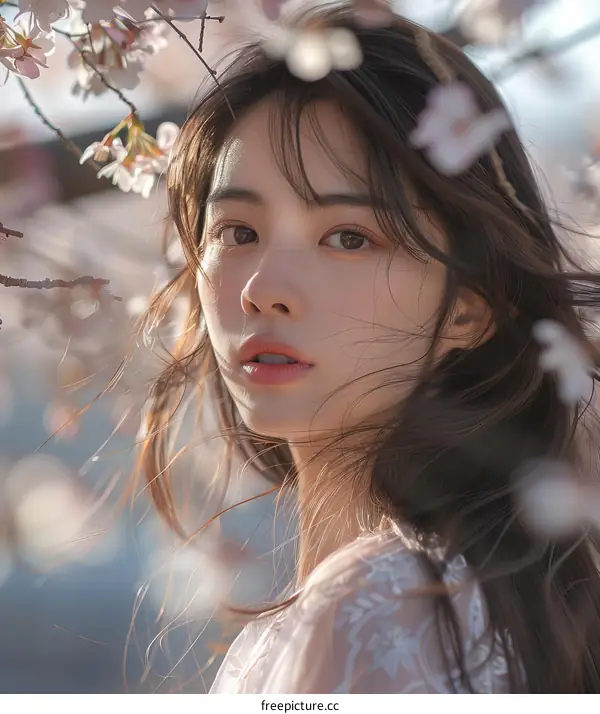 Portrait of a young Asian woman with long dark hair standing in a field of cherry blossoms
