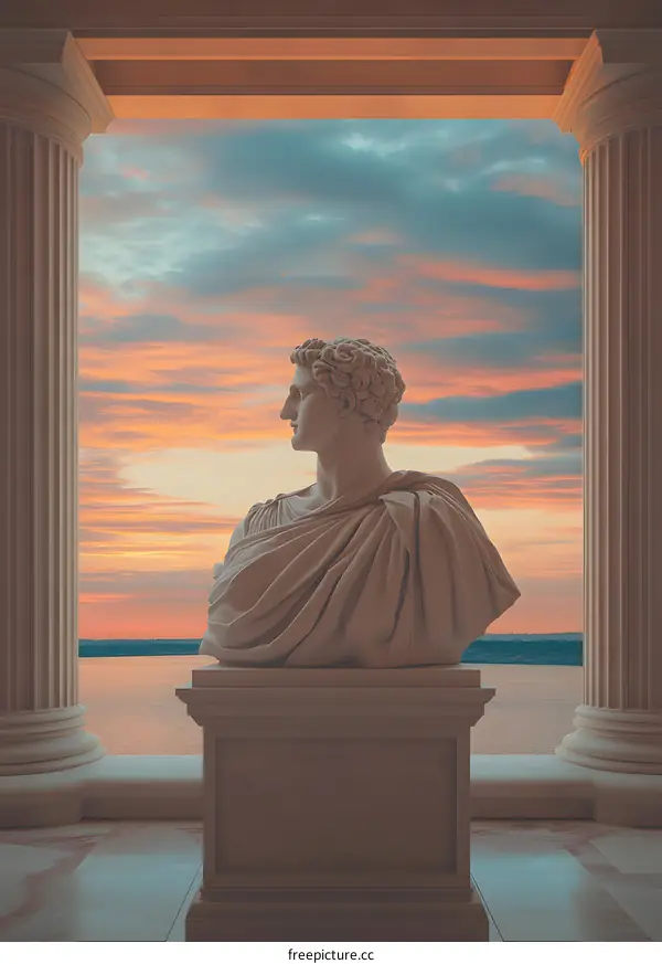 Marble Bust of Man with Sunset View From Archway