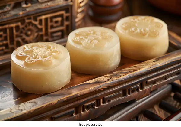 Traditional Chinese Moon Cakes on Wooden Tray