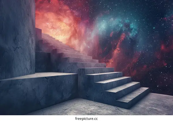 Stone stairs lead up into a colorful nebula