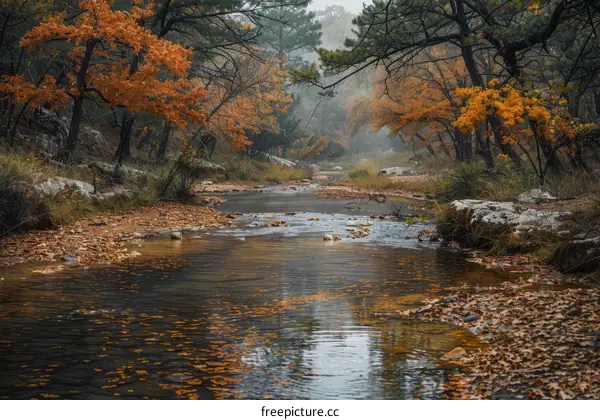 Autumn Creek Flows Through Colorful Forested Valley
