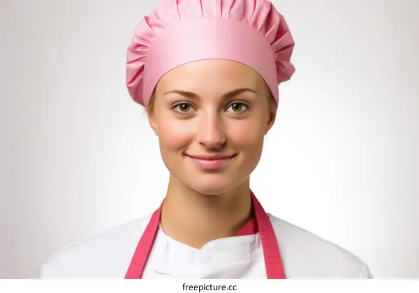 Portrait of a Smiling Female Chef Wearing a Pink Toque