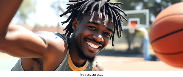Smiling African American Basketball Player on Court