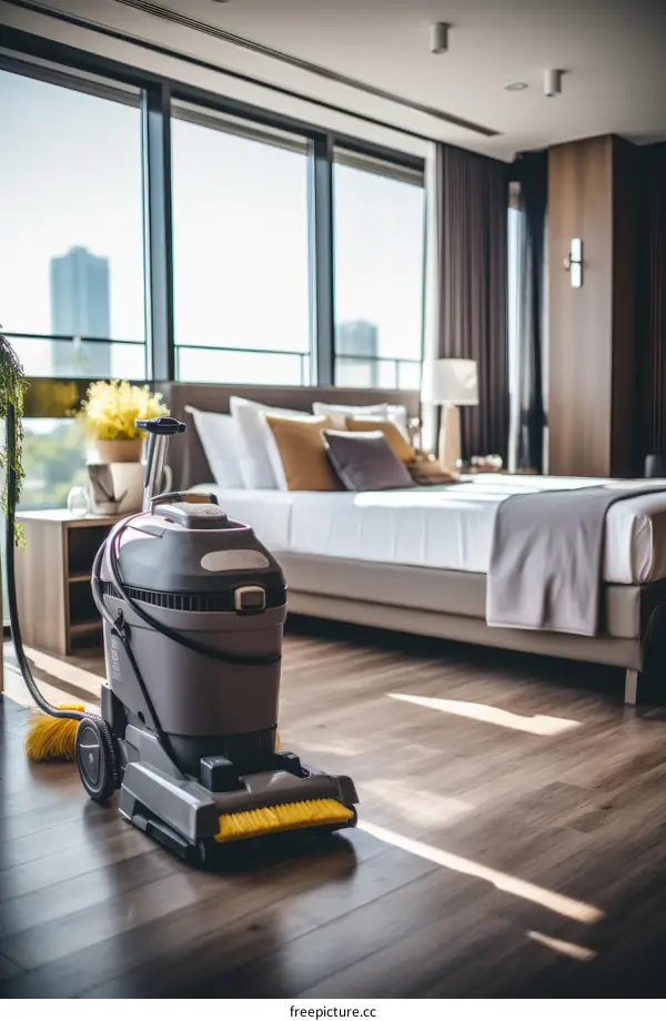 Hotel room cleaning with vacuum cleaner