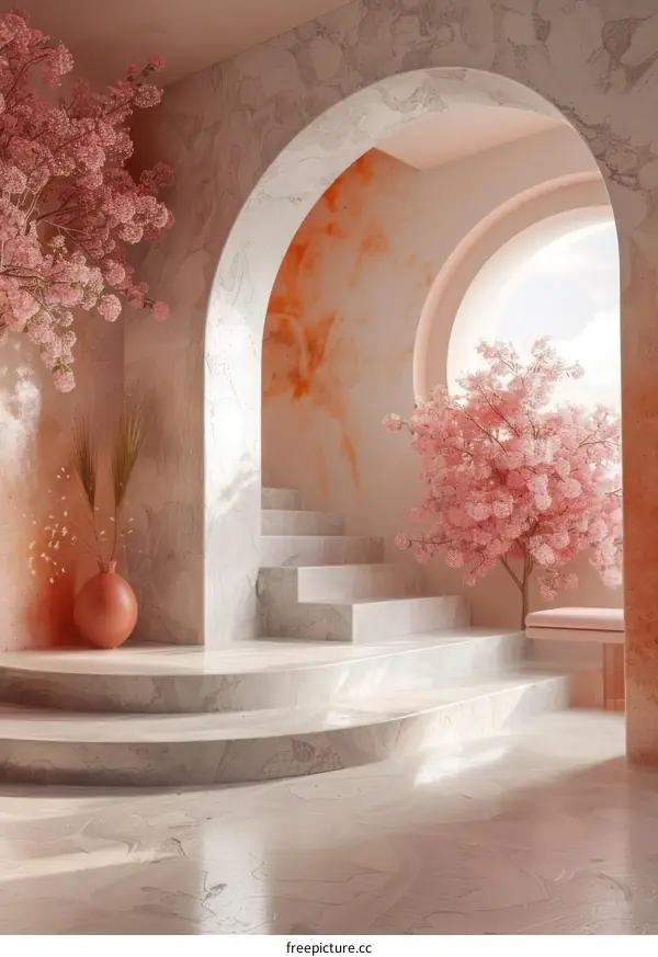 Sophisticated Pastel Pink Archway with Full Blossom Trees