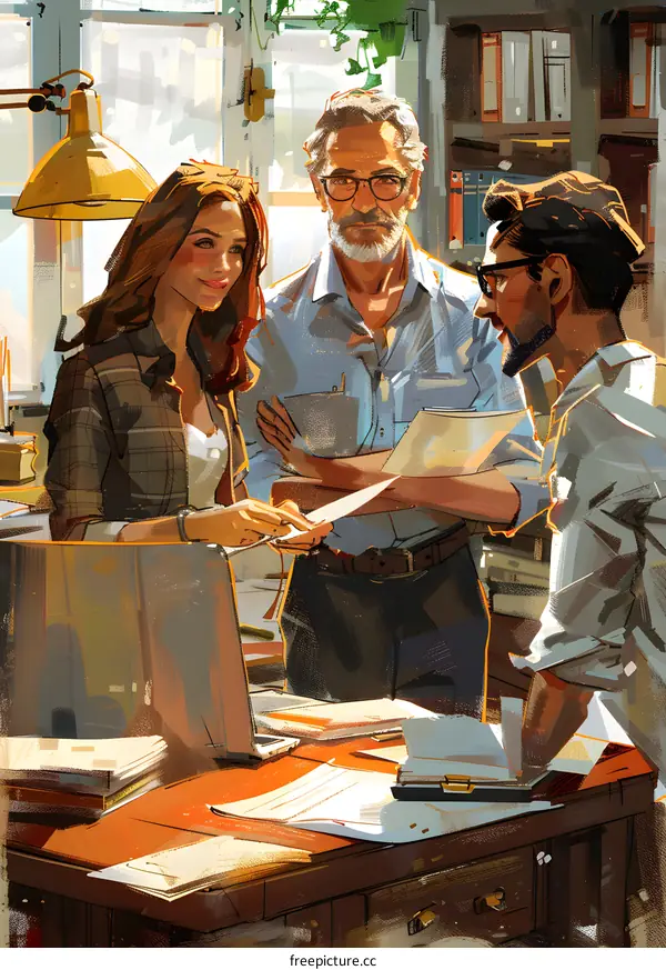 Colleagues discussing a project in an office