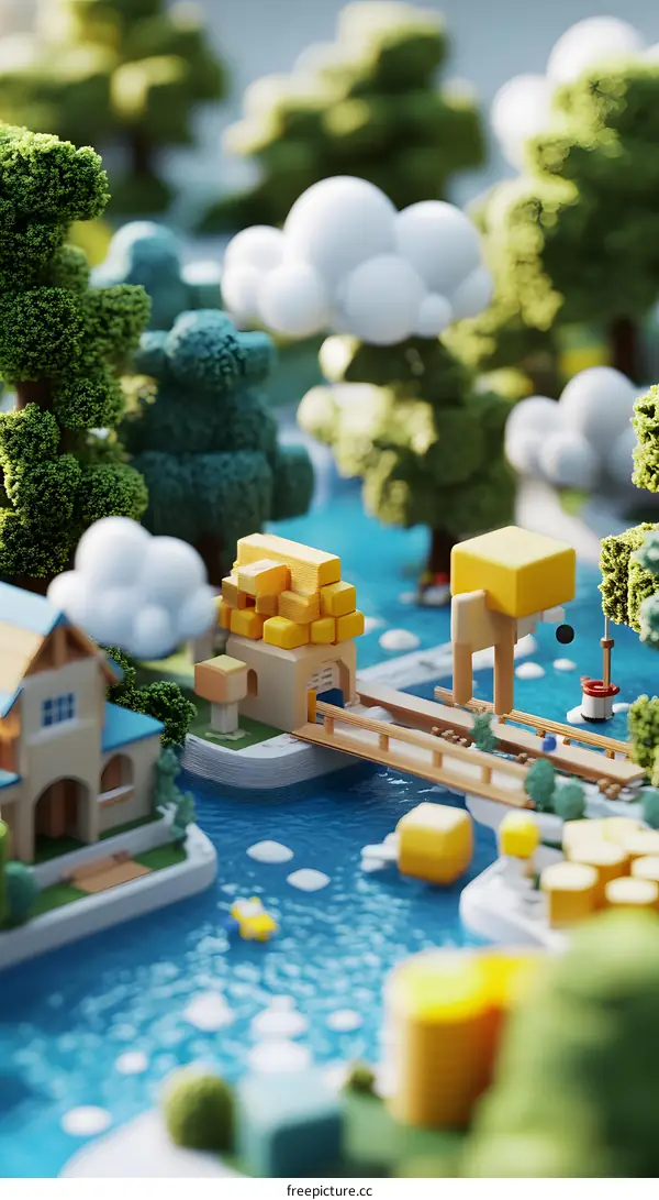 Miniature Village Landscape with Colorful Buildings and a Wooden Bridge