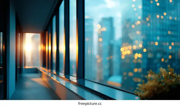 Modern Office Corridor with City Skyline View